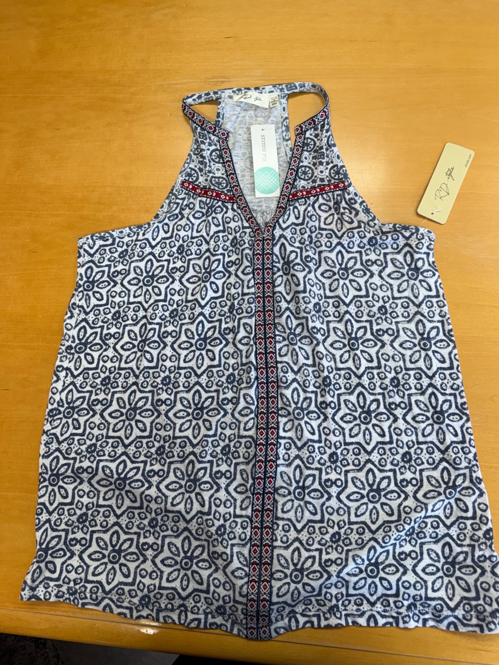 RD Style Navy and White Printed Halter Tank with Red Trim